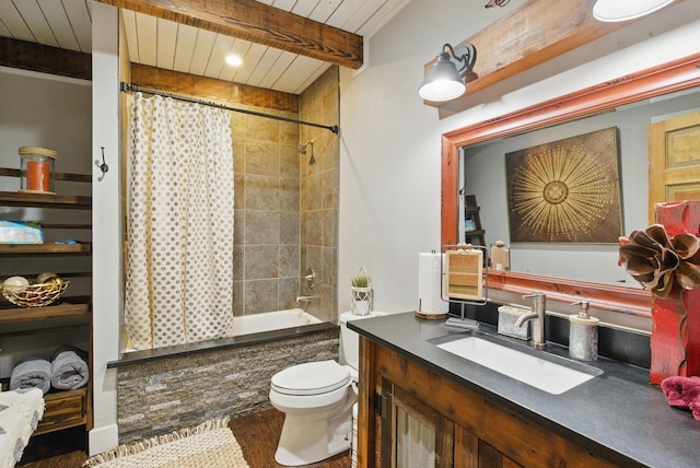 bathroom with toilet, beamed ceiling, shower / bath combo with shower curtain, wooden ceiling, and vanity