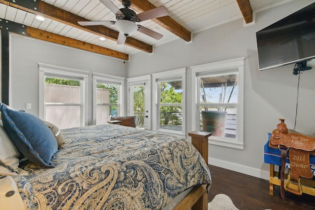 bedroom featuring wood finished floors, wood ceiling, beamed ceiling, baseboards, and access to exterior
