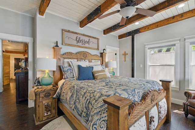 bedroom featuring wood ceiling, ceiling fan, wood finished floors, and beamed ceiling