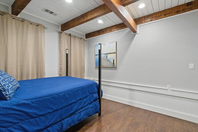 bedroom featuring visible vents, recessed lighting, beamed ceiling, wood finished floors, and wooden ceiling