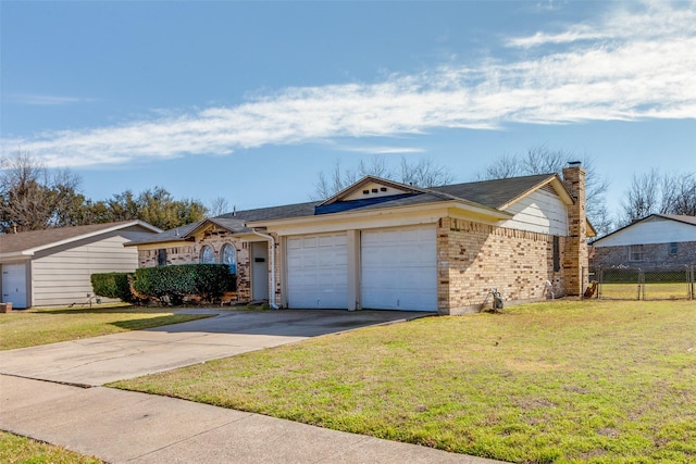 ranch-style home featuring driveway, a chimney, fence, a front lawn, and brick siding