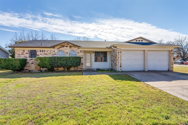 single story home with driveway, brick siding, an attached garage, and a front yard