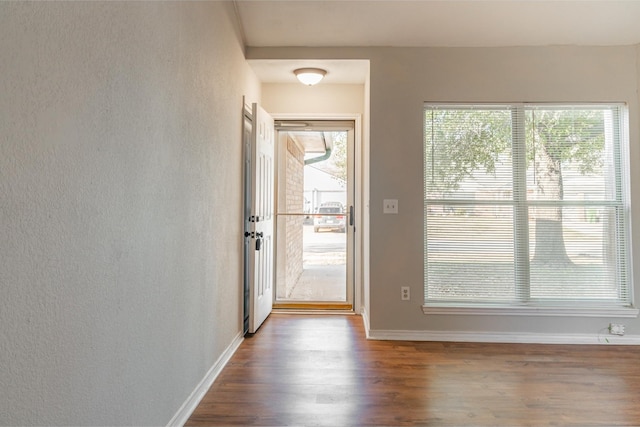 doorway featuring plenty of natural light, baseboards, and wood finished floors