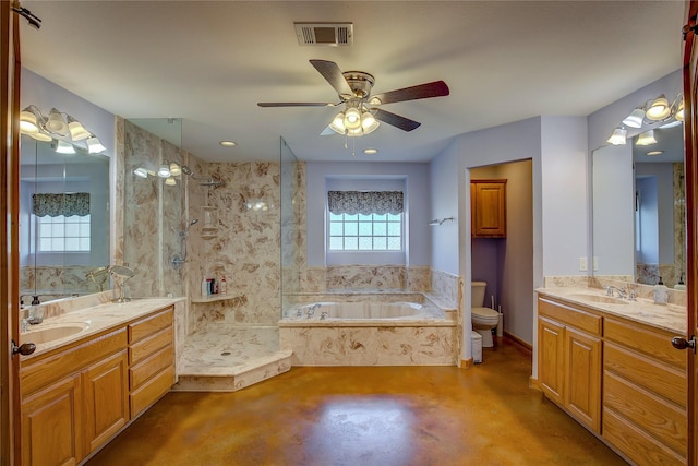 bathroom with a walk in shower, toilet, concrete floors, visible vents, and a bath