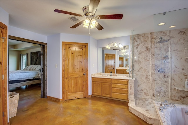 full bath with visible vents, finished concrete floors, connected bathroom, vanity, and a walk in shower