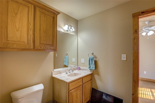 bathroom with ceiling fan, vanity, and toilet