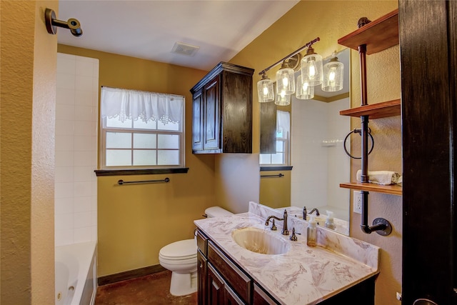 full bathroom with toilet, vanity, visible vents, and baseboards