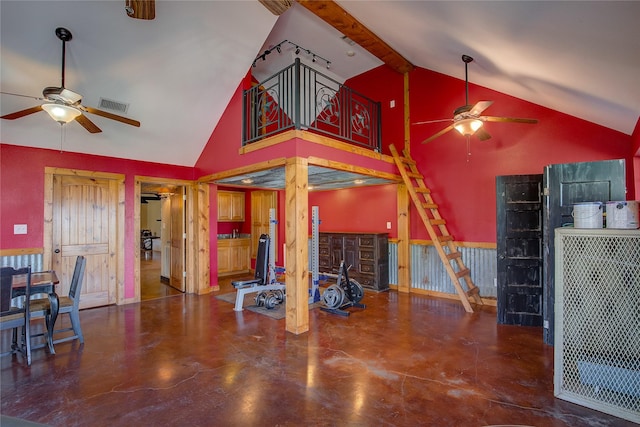 interior space with high vaulted ceiling, beam ceiling, visible vents, and finished concrete flooring