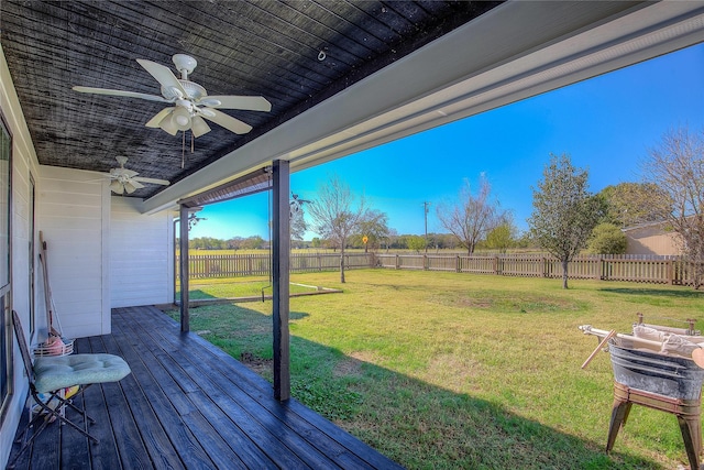 view of yard featuring ceiling fan, a fenced backyard, and a wooden deck