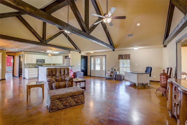 living room with beam ceiling, visible vents, a ceiling fan, high vaulted ceiling, and baseboards