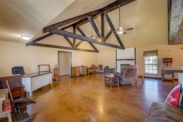 living area with high vaulted ceiling, a large fireplace, a ceiling fan, finished concrete flooring, and beam ceiling