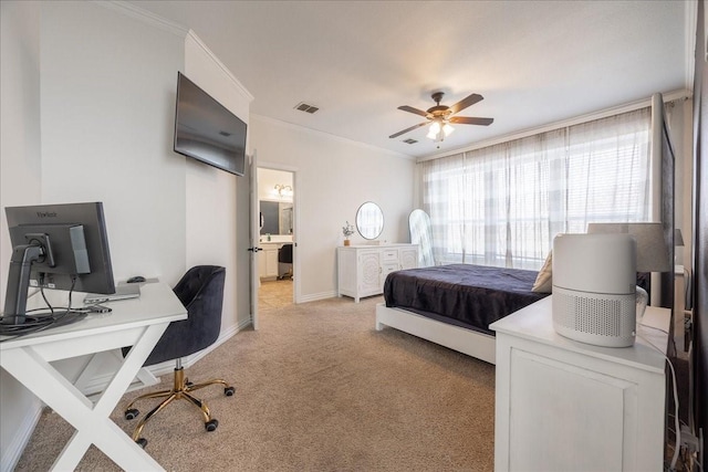 bedroom featuring light carpet, baseboards, visible vents, ceiling fan, and ornamental molding