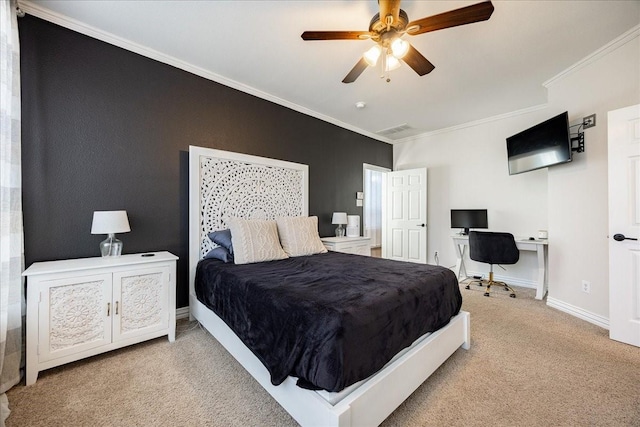 bedroom with carpet floors, crown molding, visible vents, ceiling fan, and baseboards