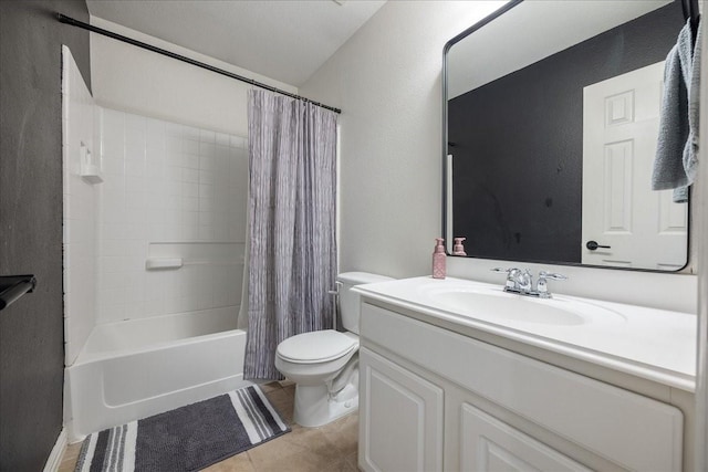 full bath with toilet, shower / tub combo, tile patterned flooring, and vanity