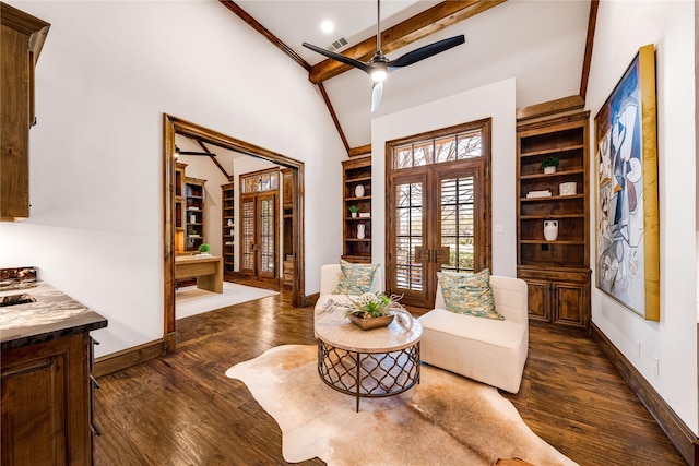 1717 Buckingham Dr, Keller, TX 76262 - sitting room featuring french doors, baseboards, high vaulted ceiling, dark wood-style floors, and beam ceiling
