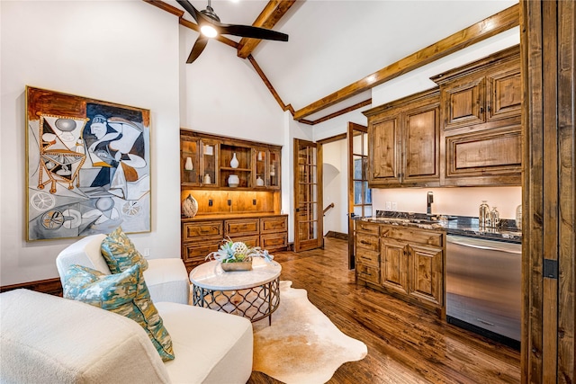 1717 Buckingham Dr, Keller, TX 76262 - kitchen featuring stainless steel dishwasher, beam ceiling, a ceiling fan, dark wood-type flooring, and brown cabinetry