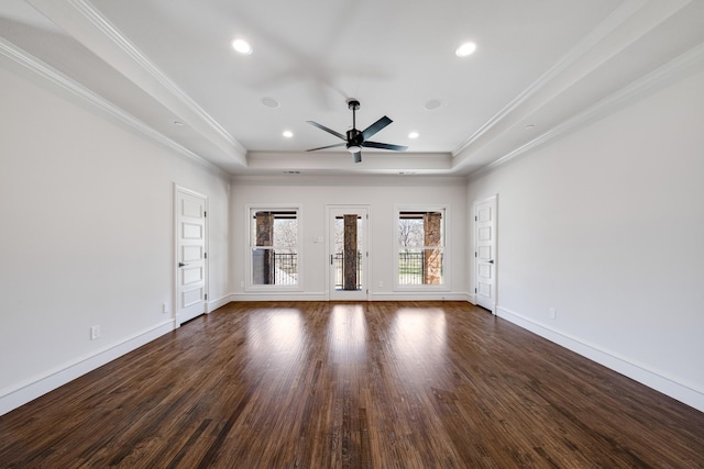 1717 Buckingham Dr, Keller, TX 76262 - unfurnished living room featuring a raised ceiling, crown molding, ceiling fan, dark wood-type flooring, and baseboards