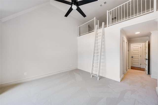 1717 Buckingham Dr, Keller, TX 76262 - empty room featuring carpet flooring, ceiling fan, crown molding, high vaulted ceiling, and baseboards