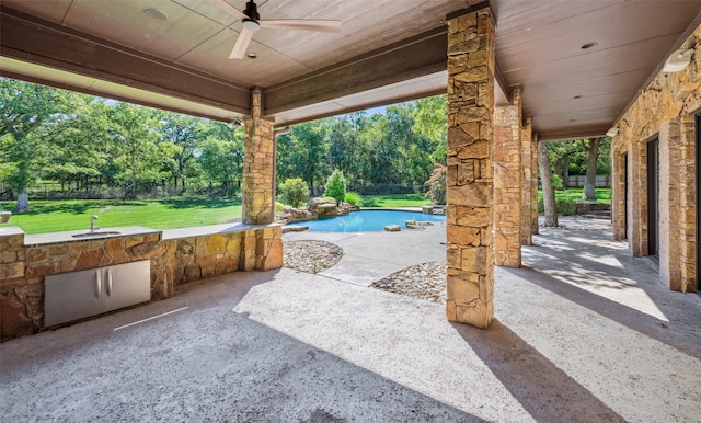 1717 Buckingham Dr, Keller, TX 76262 - view of patio with ceiling fan, an outdoor pool, and view of wooded area