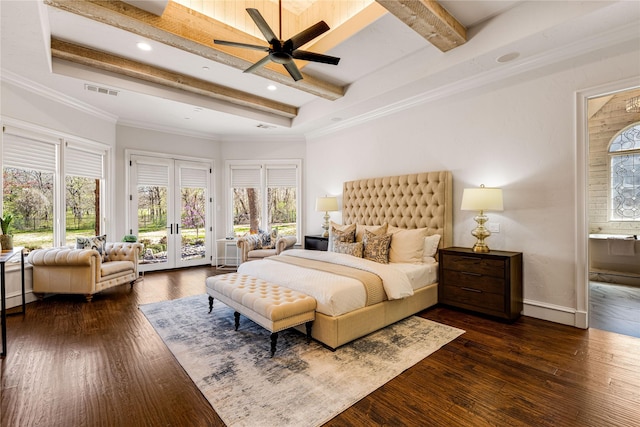 1717 Buckingham Dr, Keller, TX 76262 - bedroom with access to outside, beamed ceiling, french doors, multiple windows, and dark wood-type flooring