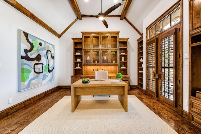 1717 Buckingham Dr, Keller, TX 76262 - office featuring dark wood-type flooring, ceiling fan, beamed ceiling, baseboards, and high vaulted ceiling