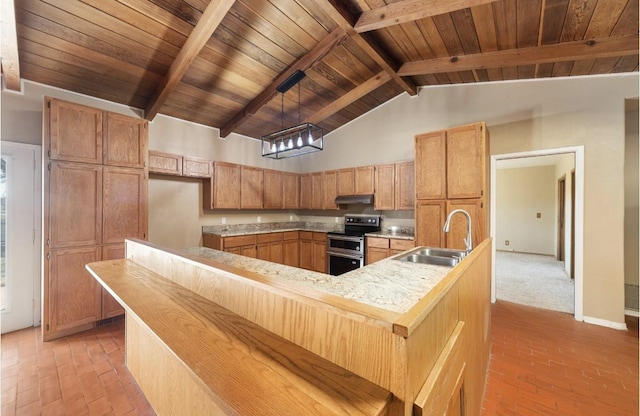 kitchen with brick floor, a sink, wood ceiling, and double oven range