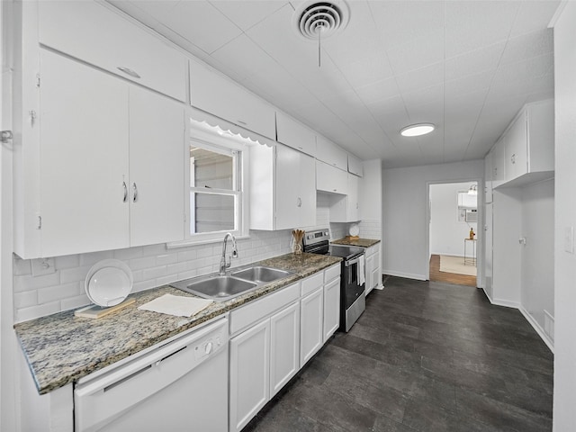 kitchen with a sink, visible vents, white cabinets, stainless steel range with electric cooktop, and dishwasher