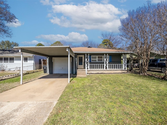 view of front of home with covered porch, a garage, fence, driveway, and a front lawn