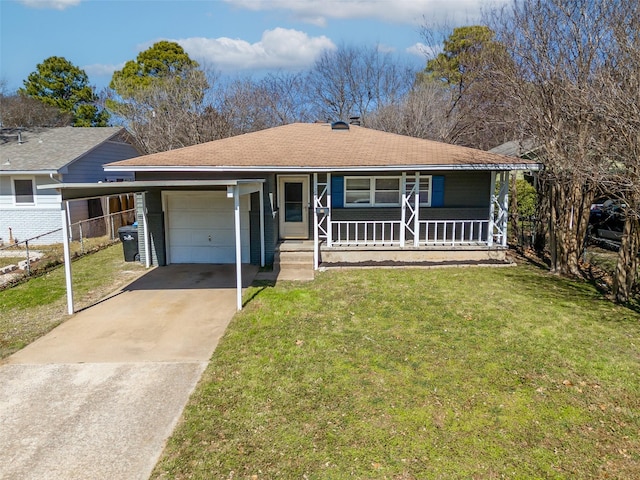 ranch-style house with driveway, an attached garage, fence, a porch, and a front yard