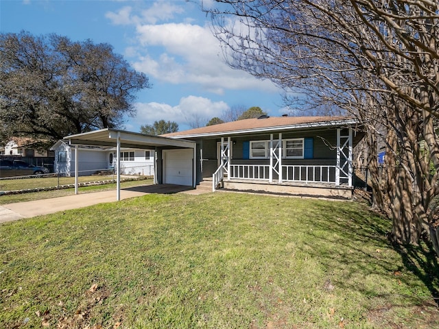 view of front of property featuring driveway, an attached garage, a porch, a carport, and a front yard