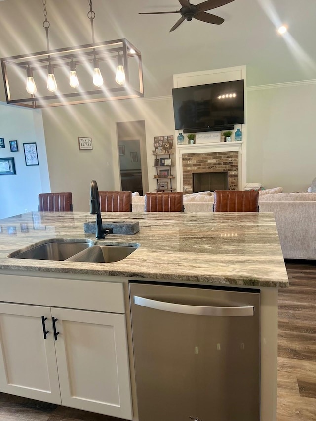 kitchen featuring a sink, a fireplace, open floor plan, and dishwasher