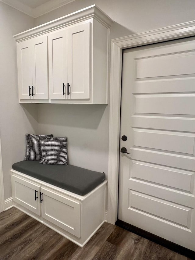 mudroom with dark wood finished floors and baseboards