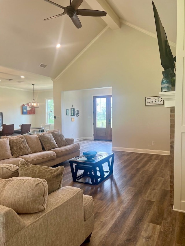 living area featuring high vaulted ceiling, dark wood finished floors, beam ceiling, and baseboards