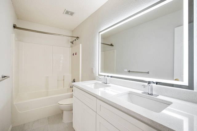 full bath with toilet, double vanity, a sink, and visible vents