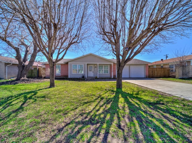 single story home with a garage, brick siding, fence, driveway, and a front yard