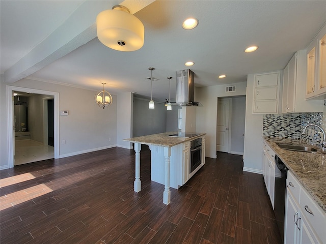 kitchen with dark wood finished floors, decorative backsplash, ventilation hood, black appliances, and a sink