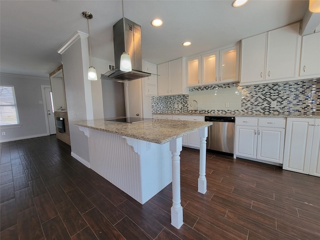 kitchen featuring tasteful backsplash, island range hood, dishwasher, a breakfast bar, and black electric cooktop