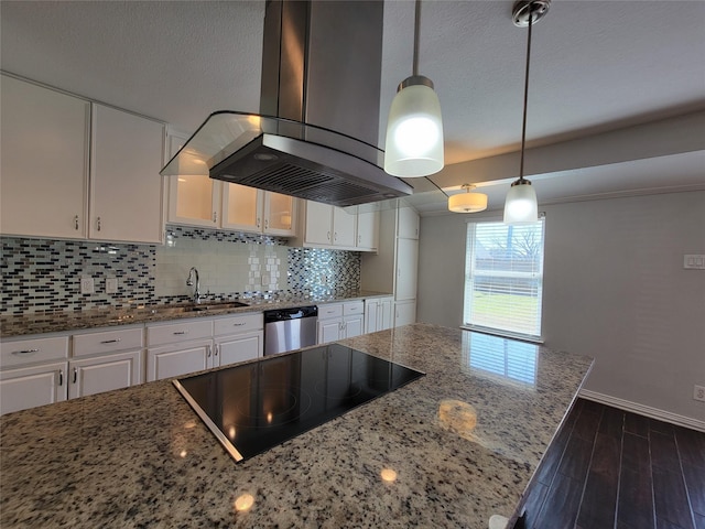 kitchen featuring black electric stovetop, white cabinetry, a sink, island range hood, and dishwasher