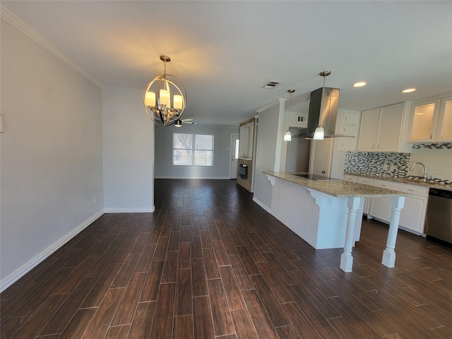 kitchen with visible vents, dishwasher, dark wood-type flooring, island exhaust hood, and black electric stovetop