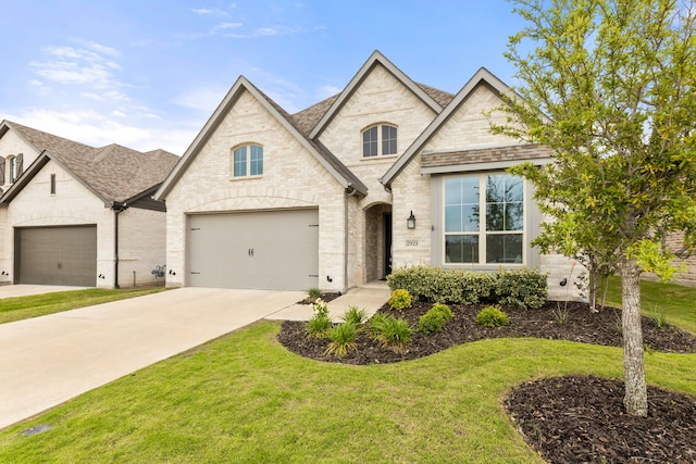 french country style house with a shingled roof, a front yard, concrete driveway, and brick siding