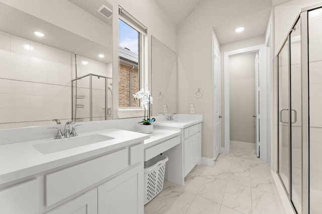 full bathroom featuring marble finish floor, a shower stall, visible vents, and recessed lighting