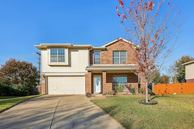 traditional home with an attached garage, brick siding, fence, concrete driveway, and a front yard