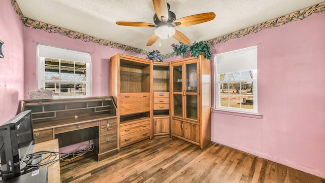 kitchen with a textured ceiling, ceiling fan, and wood finished floors