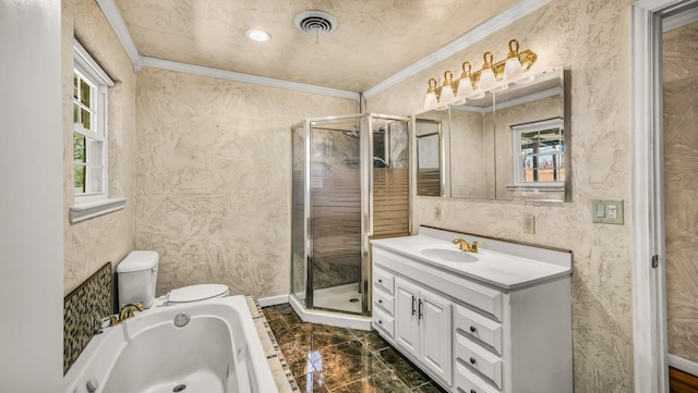 bathroom with visible vents, a shower stall, a garden tub, ornamental molding, and vanity