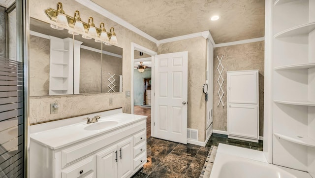 bathroom with visible vents, a bathing tub, recessed lighting, crown molding, and vanity