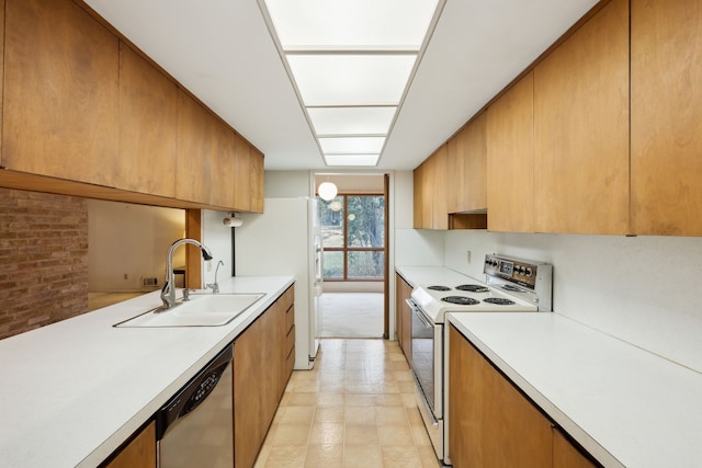 kitchen featuring brown cabinets, white range with electric cooktop, a sink, light countertops, and dishwashing machine