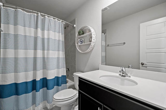 full bath with toilet, visible vents, shower / tub combo with curtain, and vanity