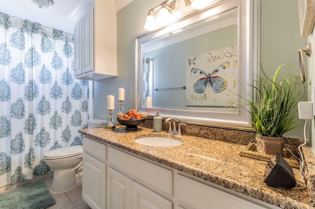5033 Southpoint Dr, Arlington, TX 76017 - bathroom with toilet, tile patterned floors, vanity, ornamental molding, and curtained shower