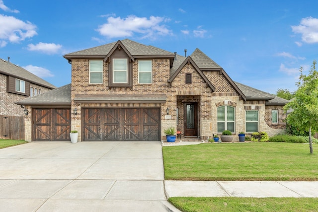 view of front of home with driveway, a shingled roof, a front lawn, and brick siding