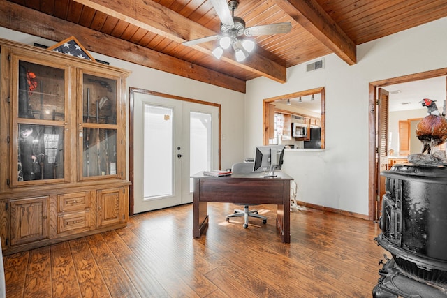 office area featuring french doors, visible vents, dark wood-type flooring, wood ceiling, and beamed ceiling